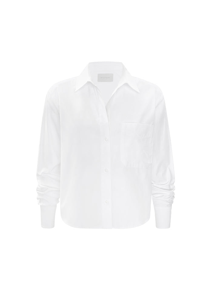 Everyday cropped shirt in salt white, long-sleeve button-up with chest pocket, flat product shot