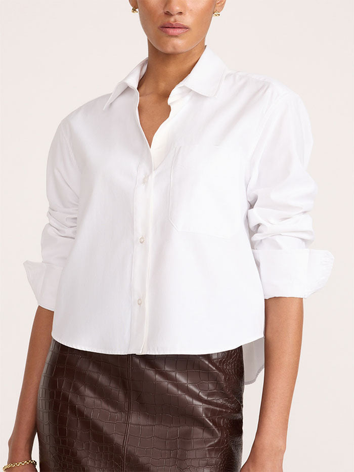Everyday cropped button-up shirt in salt white, rolled sleeves styled with a brown croco-embossed skirt