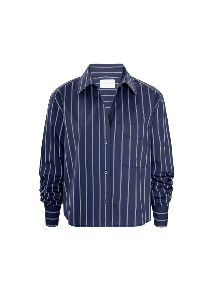 Everyday cropped shirt in Hartford stripe navy, long-sleeve button-up with chest pocket, flat product shot