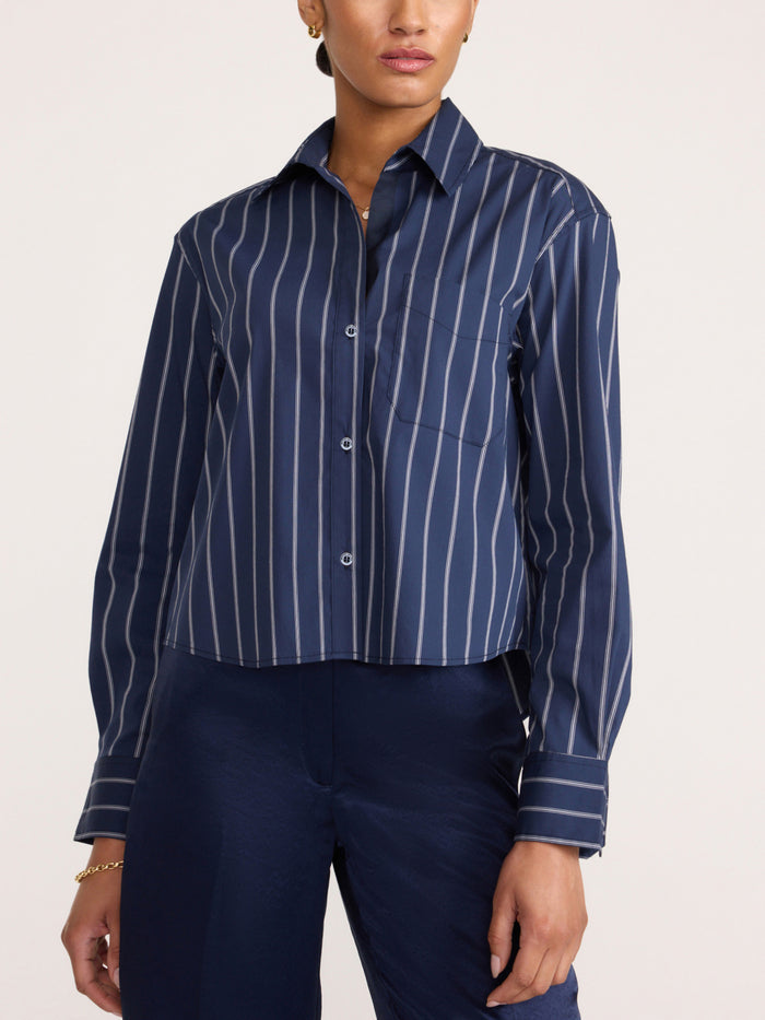 Everyday cropped shirt in hartford stripe, navy and white striped button-up with navy trousers