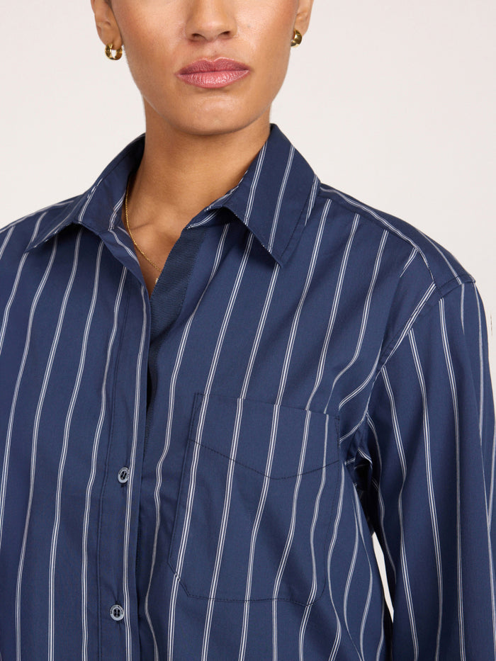 Everyday cropped shirt in Hartford stripe, a close-up of the navy pinstripe button-up with a chest pocket.