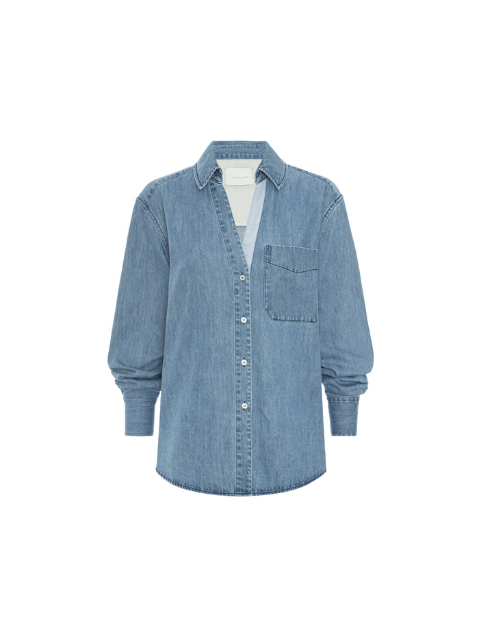 Blue denim button-front shirt with a chest pocket on a plain background