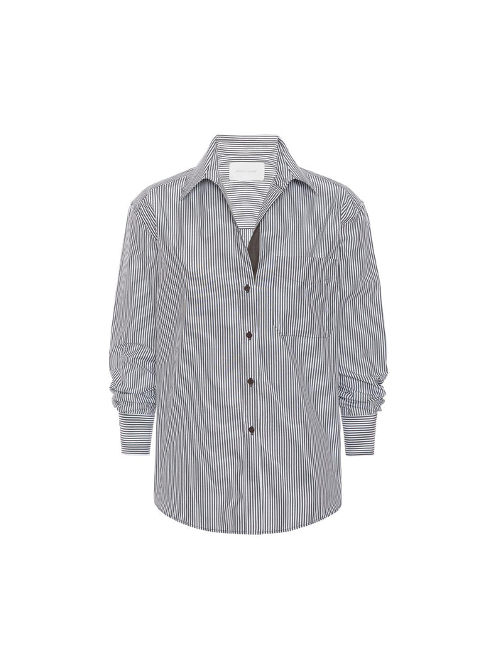 Charcoal and white pinstripe button-down shirt laid flat on a white background