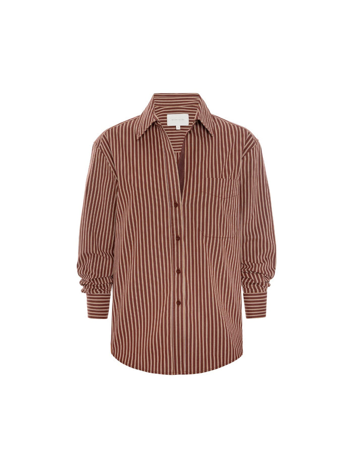 Maroon and white striped button-down shirt laid flat on a white background