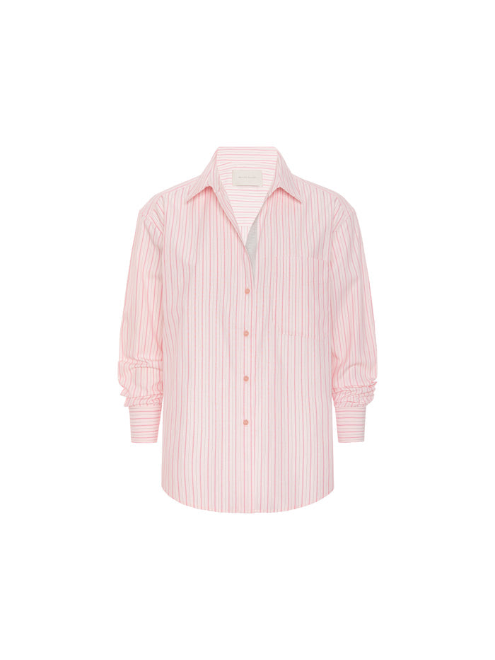 Pink and white striped button-down shirt with a chest pocket, product shot on white background
