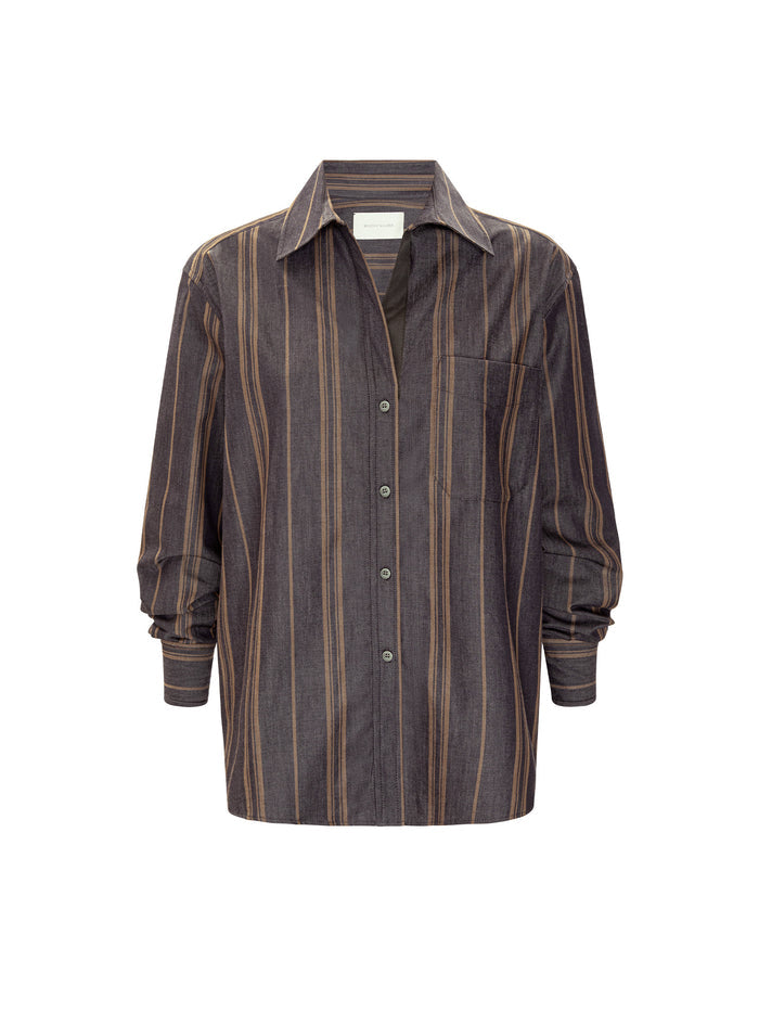 Everyday shirt in Sedona stripe, a long-sleeve button-up shirt with a chest pocket shown flat on a white background.