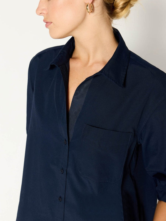 Everyday button up navy shirt close up