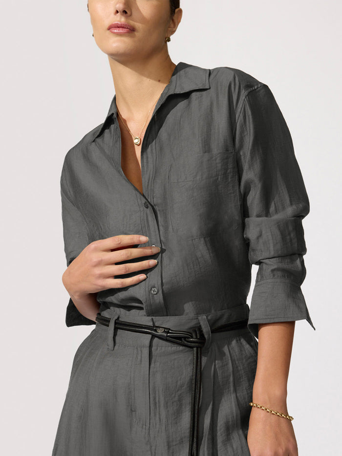 Everyday voile shirt in brownstone, a close-up front view of the belted shirt dress with an open collar.