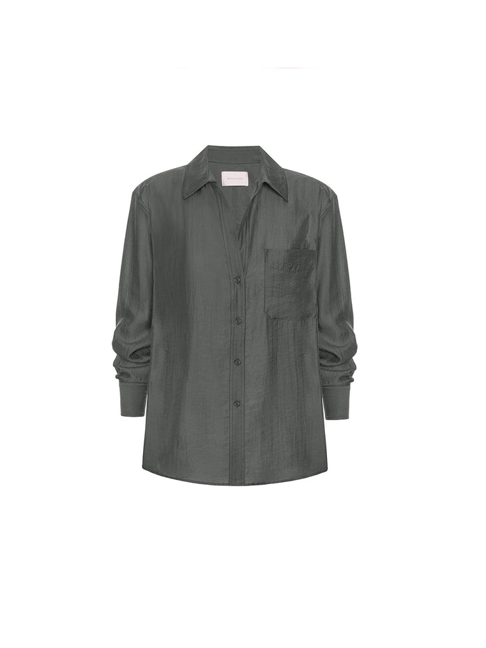 Everyday voile shirt in brownstone, a flat lay of the relaxed long-sleeve button-up with a chest pocket.