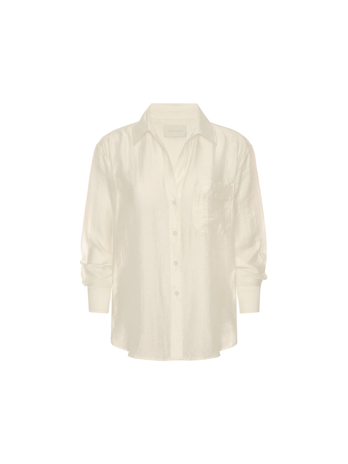 Cream voile button-up shirt with a chest pocket and long sleeves on a white background