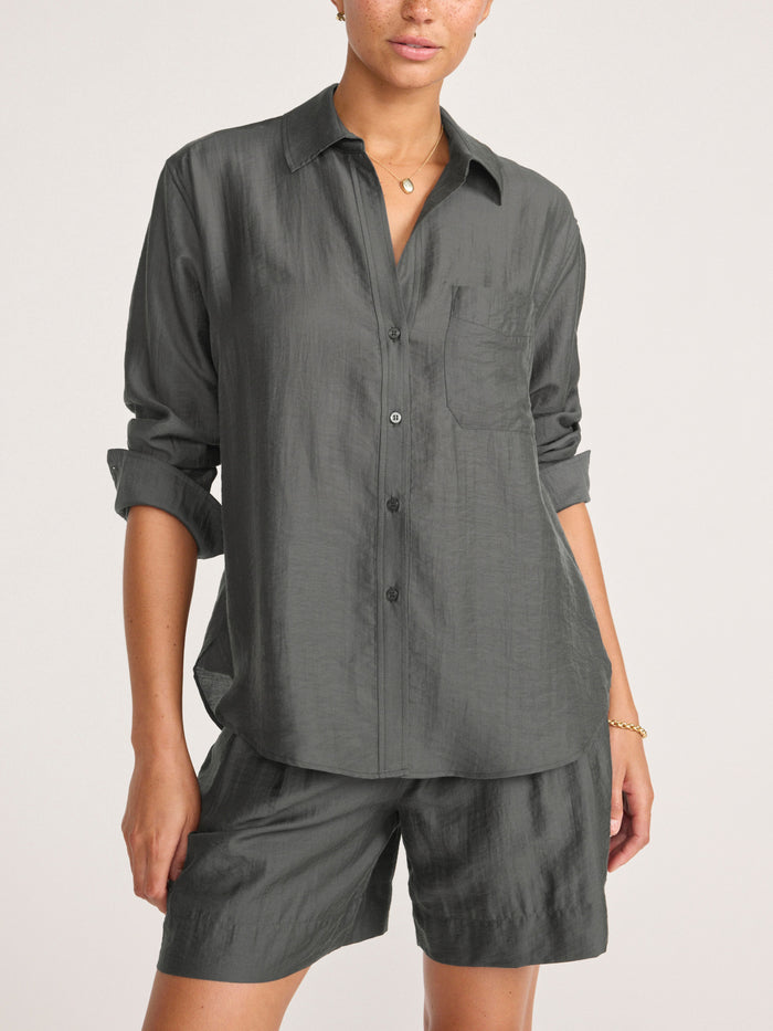 Everyday voile shirt in brownstone, a close-up front view of the button-up shirt with a chest pocket and matching shorts.