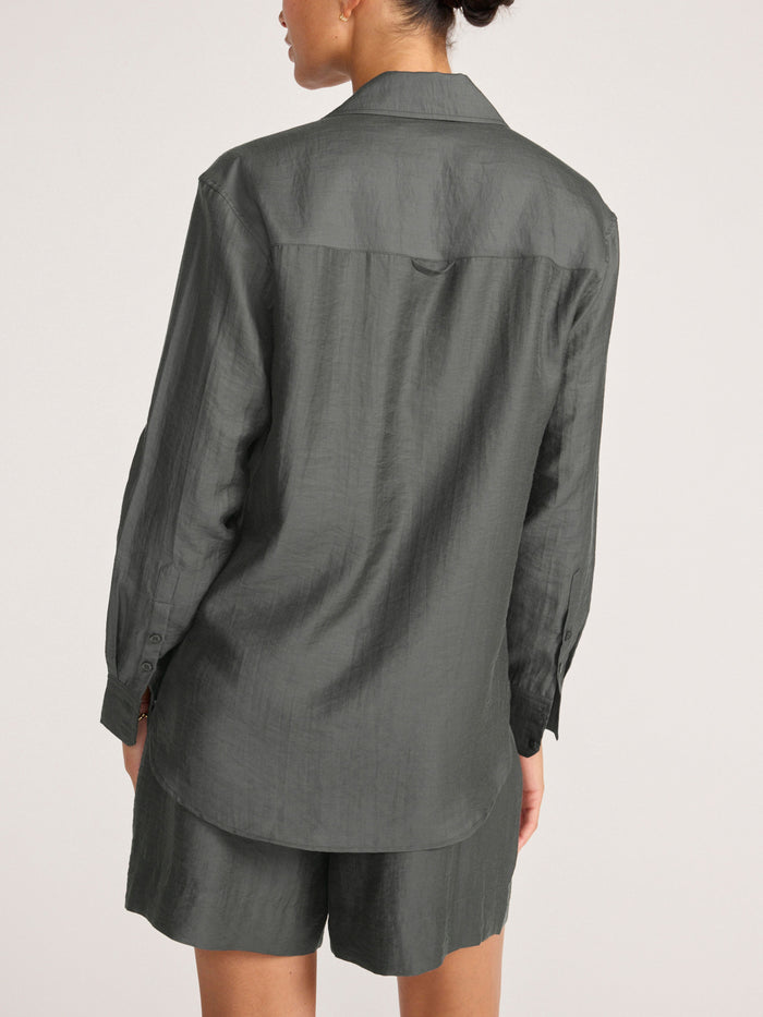 Everyday voile shirt in brownstone, a back view of the button-up shirt and matching shorts set.