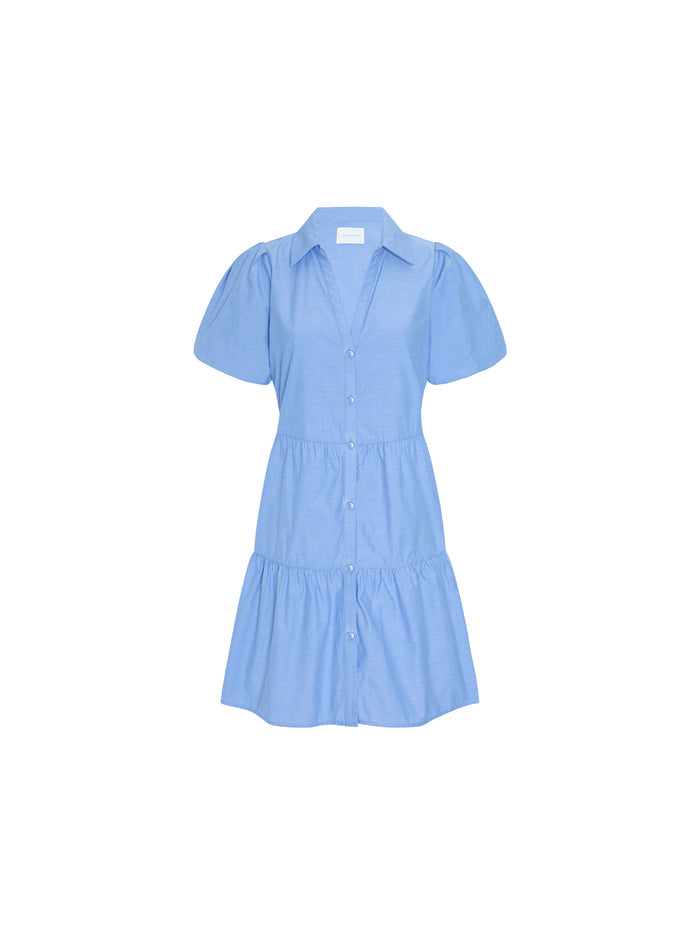 Light blue chambray tiered shirt dress with puff sleeves in a mini length, product shot on white background