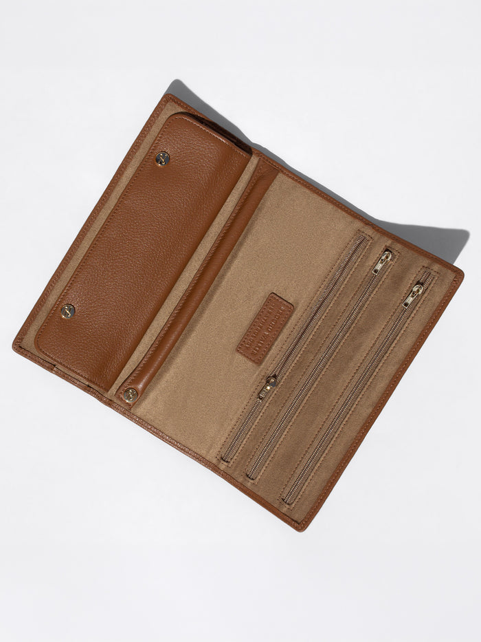 Open cognac brown Brochu Walker Leatherology wallet showing card slots, snap closures, and zip pockets