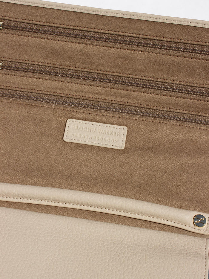 Close-up of interior zip pockets and the Brochu Walker Leatherology logo patch inside a leather wallet
