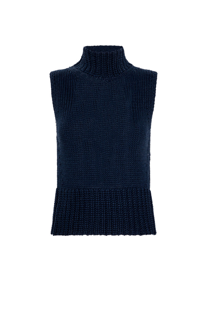 Product shot of a navy ribbed knit sleeveless mock-neck top.