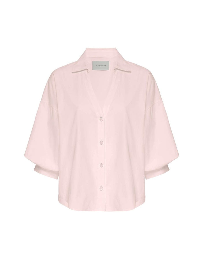 Kate V-neck button up pink shirt flat view