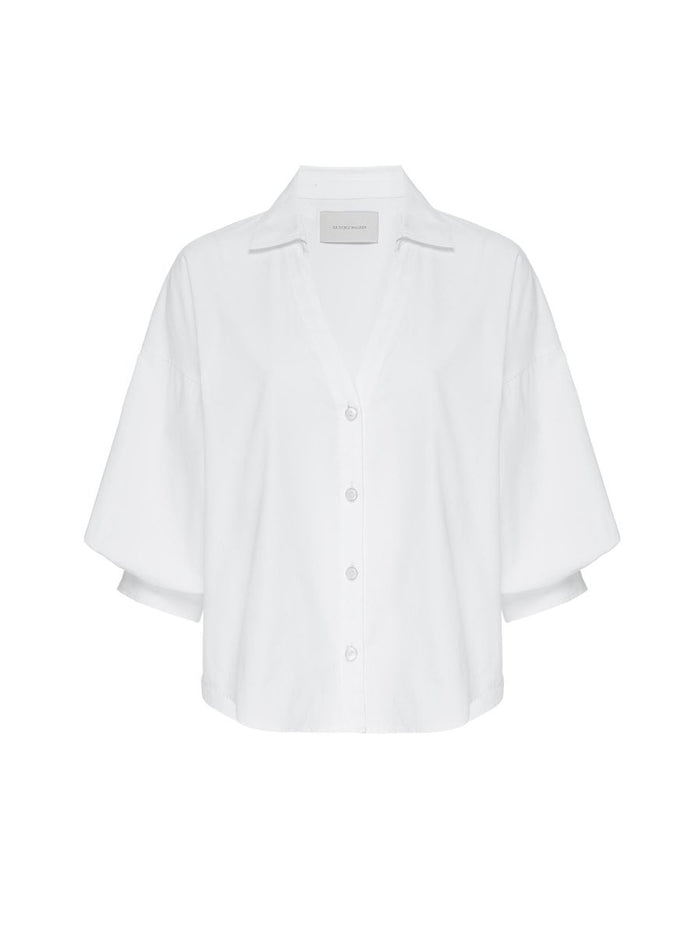 Kate V-neck button up white shirt flat view