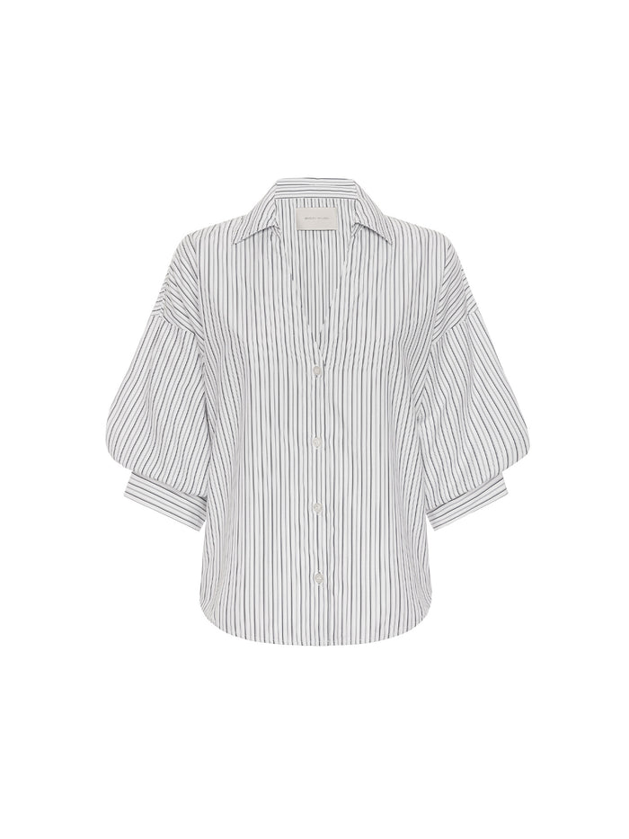 Black and white pinstripe button-down shirt in a ghost-mannequin flat lay