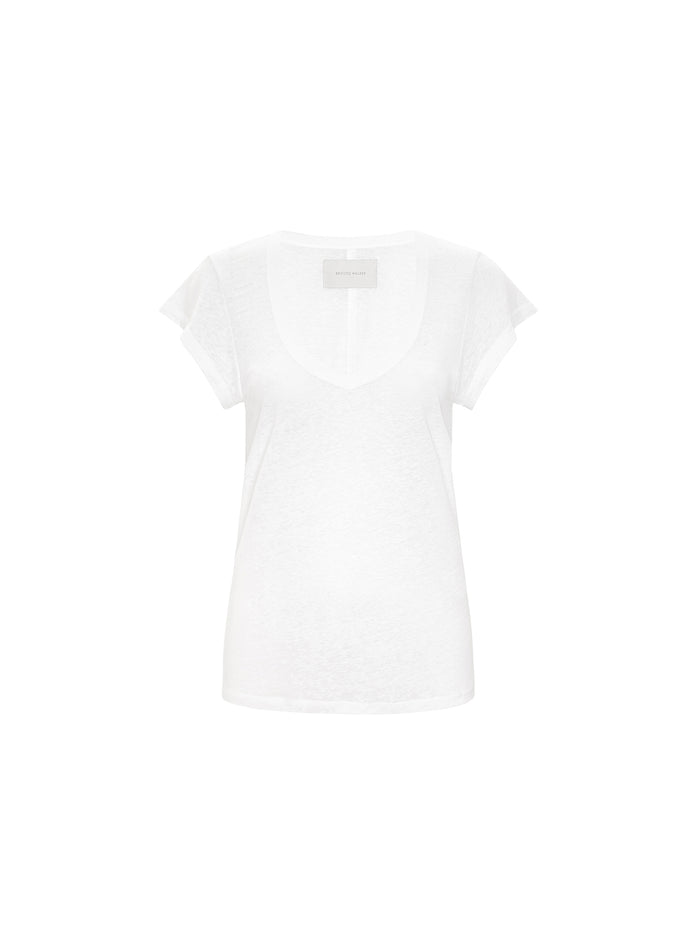 Women's white short sleeve V-neck tee with relaxed drape shown flat on a white background.