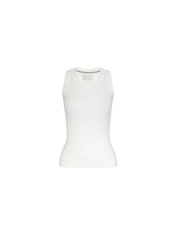 White ribbed tank top with a round neckline, shown on a white background.