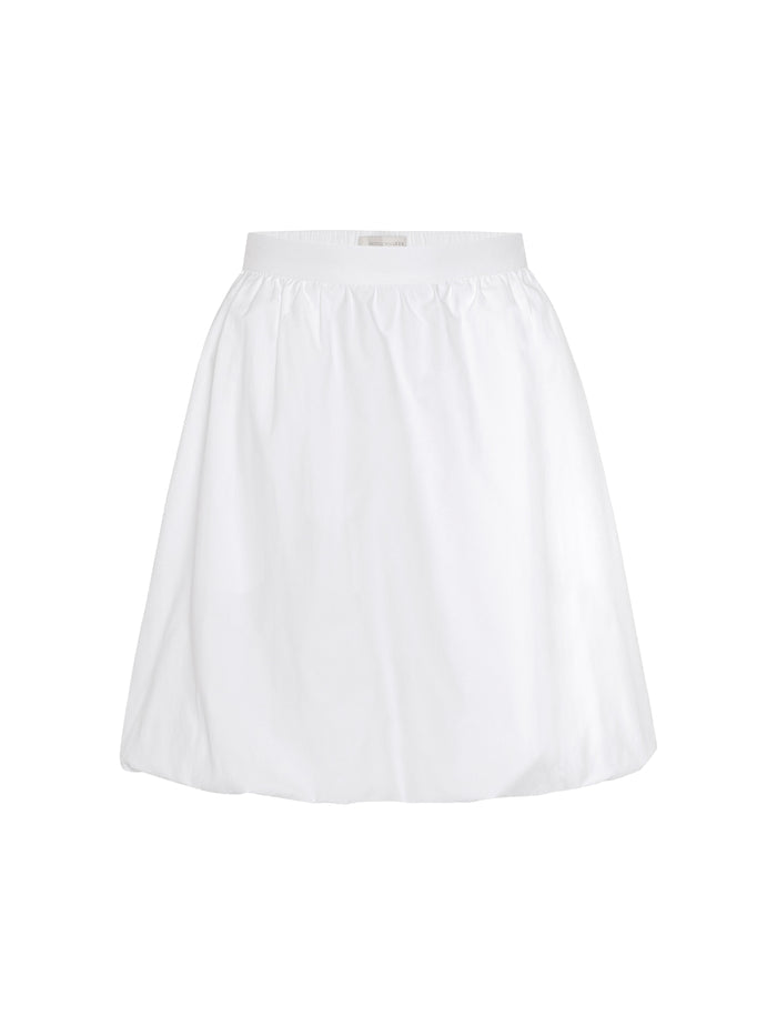 White bubble mini skirt with an elastic waistband on a plain background