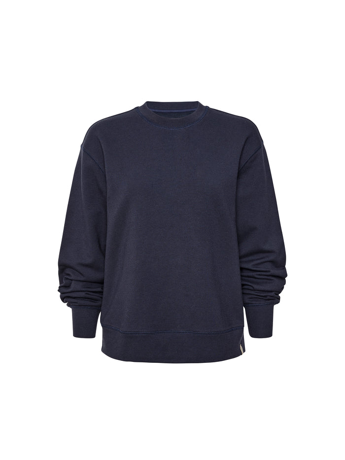 Navy blue crewneck sweatshirt laid flat on a white background