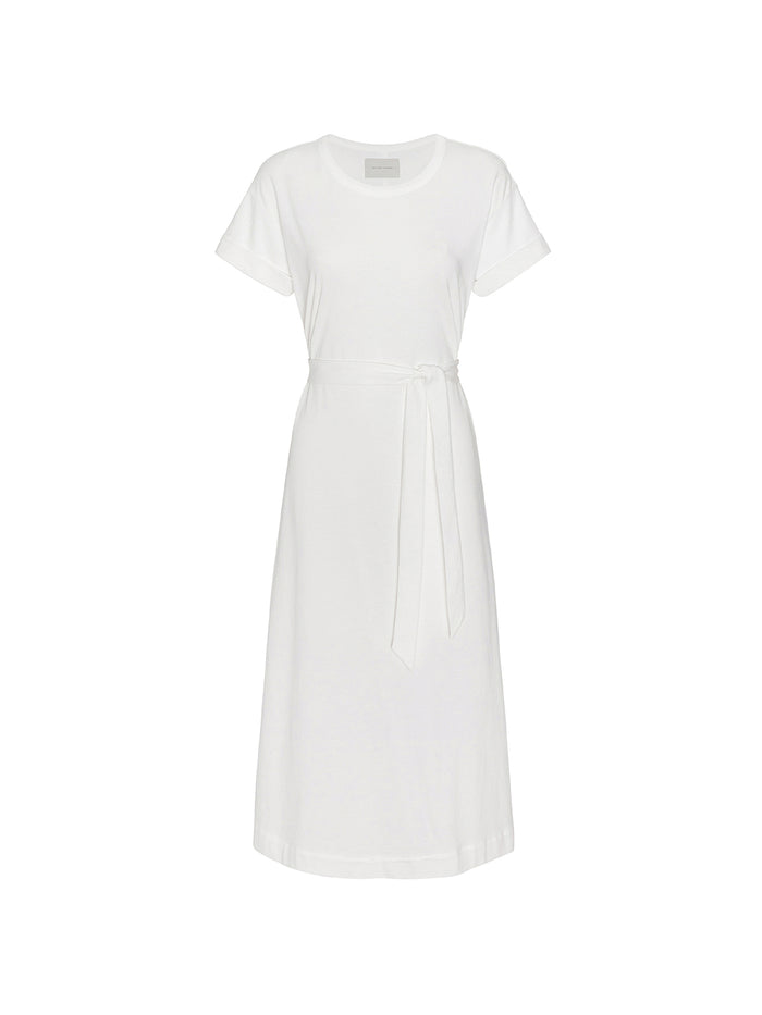 Ivory Marah short-sleeve t-shirt midi dress with a self-tie belt on a white background.
