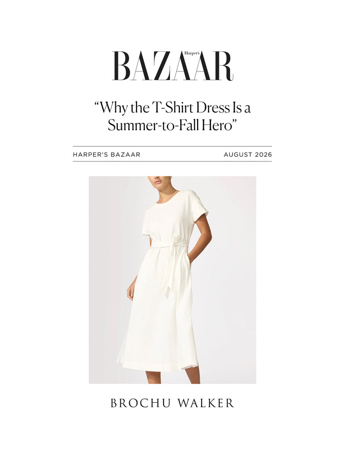 Harper's Bazaar press feature quoting "Why the T-Shirt Dress Is a Summer-to-Fall Hero," above a photo of a model wearing a white T-shirt dress with a tie waist.