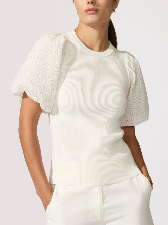 Woman wearing a white ribbed knit top with eyelet puff sleeves and white trousers