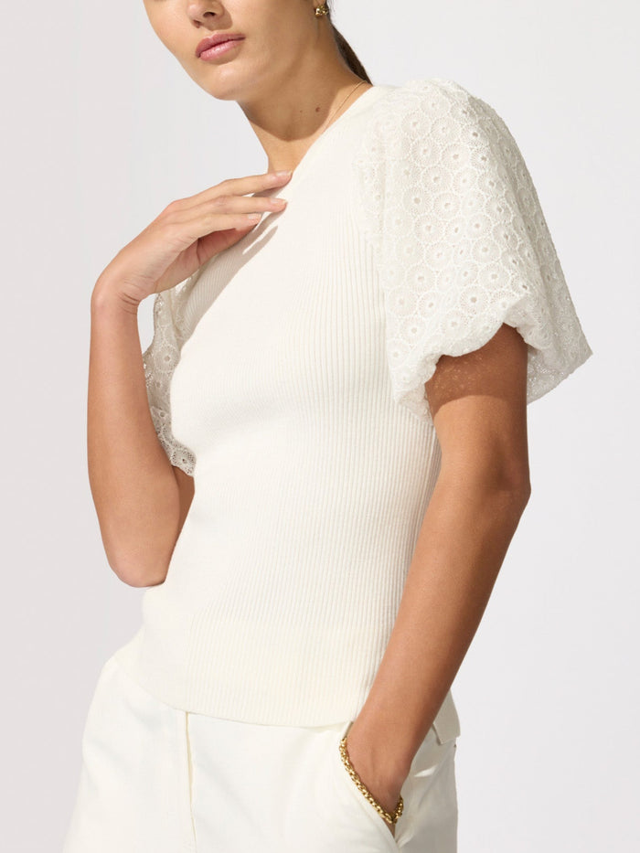Close-up of a woman wearing a white knit top with flutter eyelet sleeves