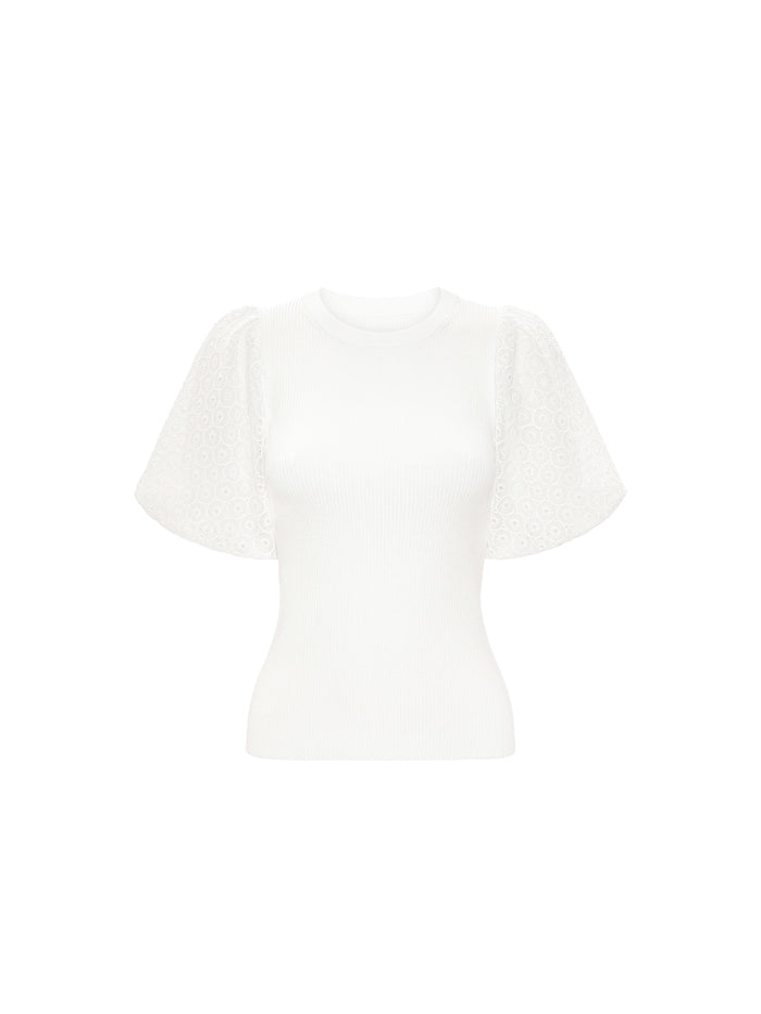 Cream ribbed knit top with eyelet lace puff sleeves, laid flat