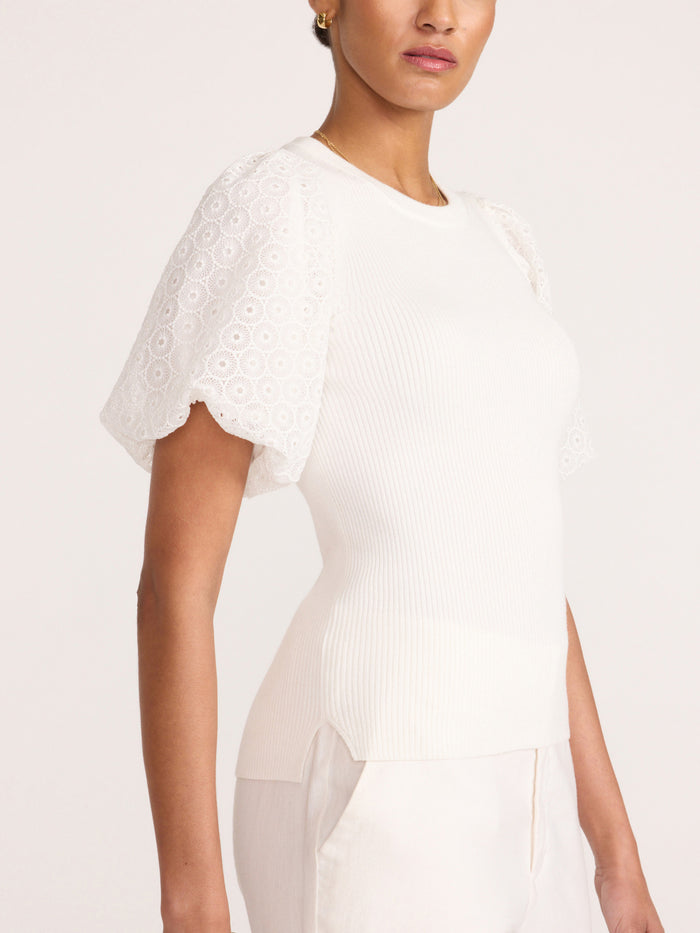 Close-up of a cream ribbed knit top with eyelet lace puff sleeves on a model