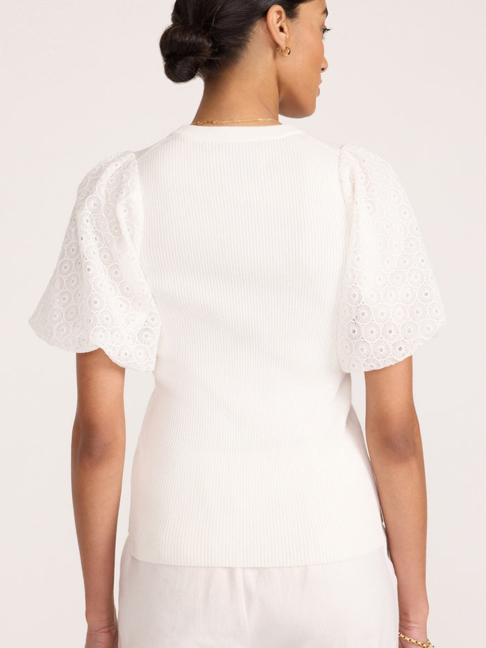 Close-up of a cream ribbed knit top with eyelet lace puff sleeves, back view