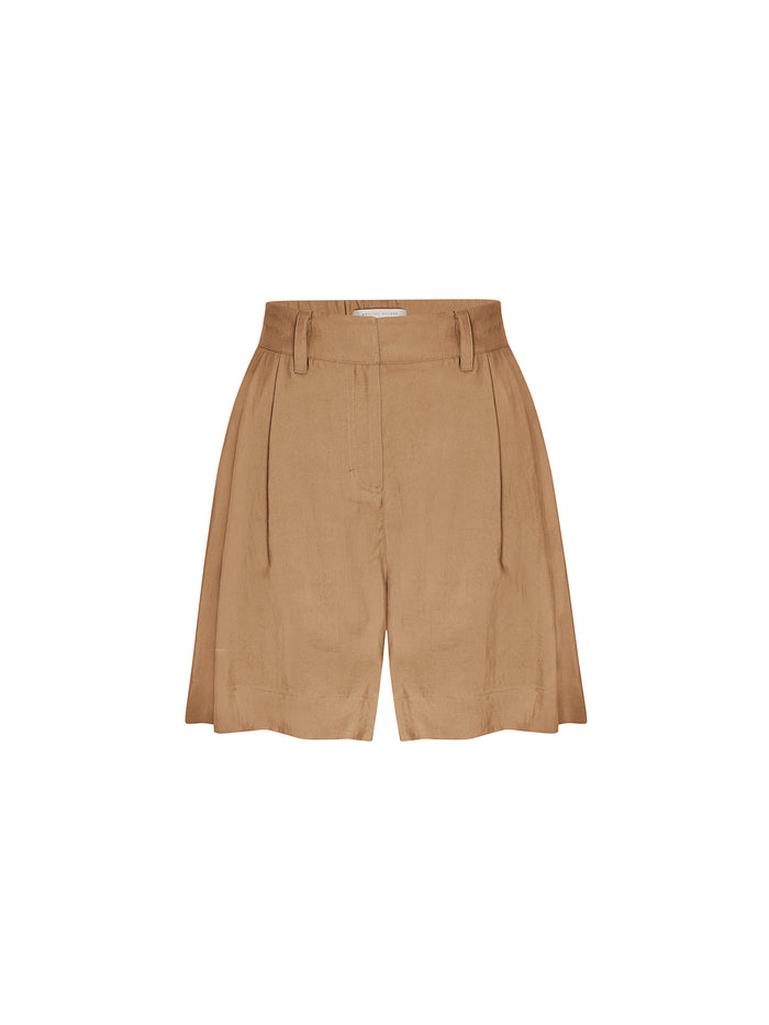 Tan pleated bermuda shorts with belt loops, shown on a white background