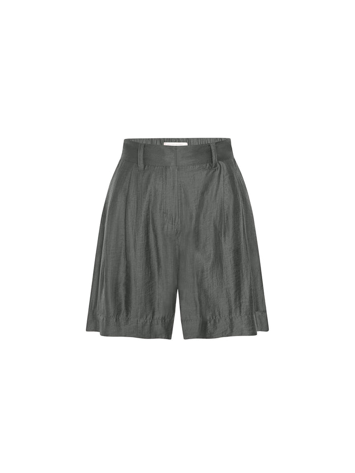 Maris voile short in brownstone, a flat lay of the pleated wide-leg shorts with a belted waistband.