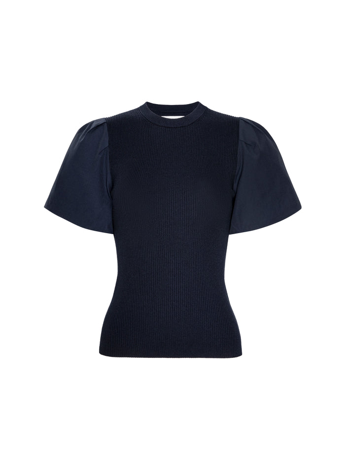 Navy ribbed knit top with short puff sleeves