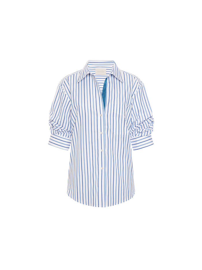 Blue and white striped Pia Hampton button-down shirt on a white background