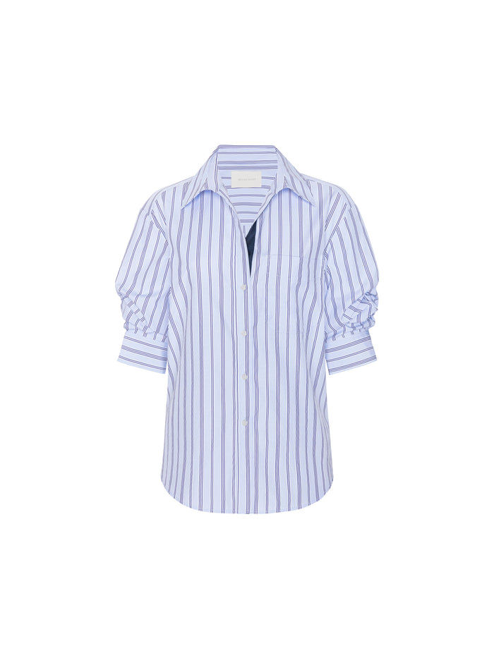 Blue and white striped button-down shirt with balloon sleeves and a tie waist, product shot on white background
