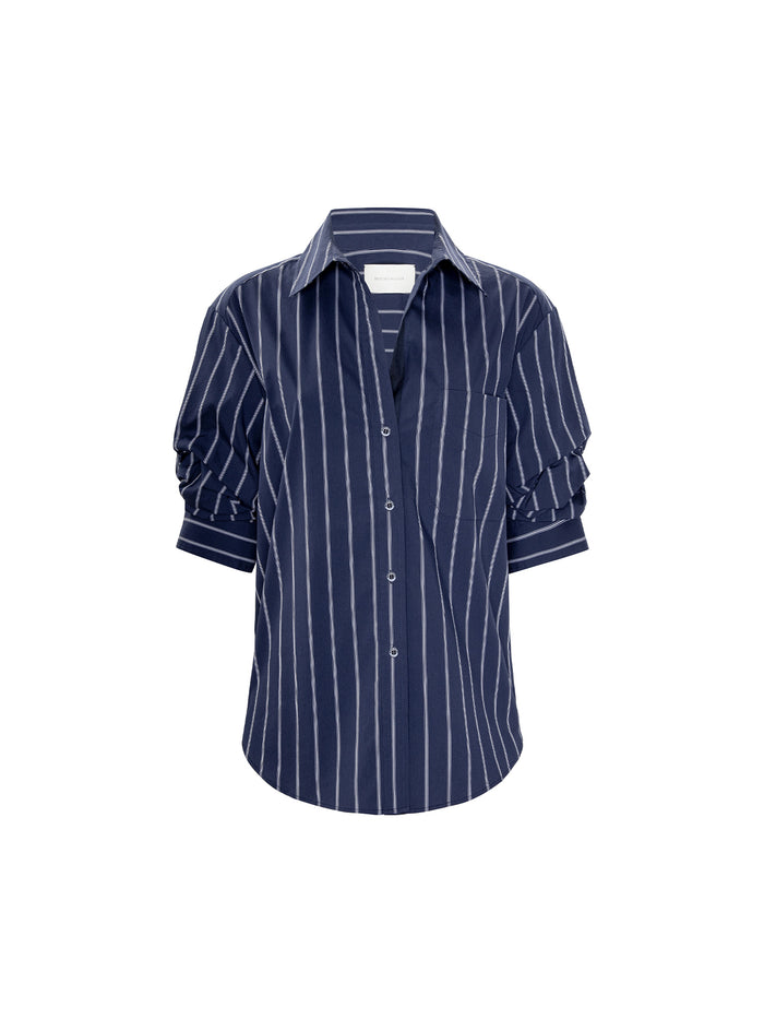 Shirt in Hartford stripe navy, short-sleeve button-up with pointed collar and vertical pinstripes