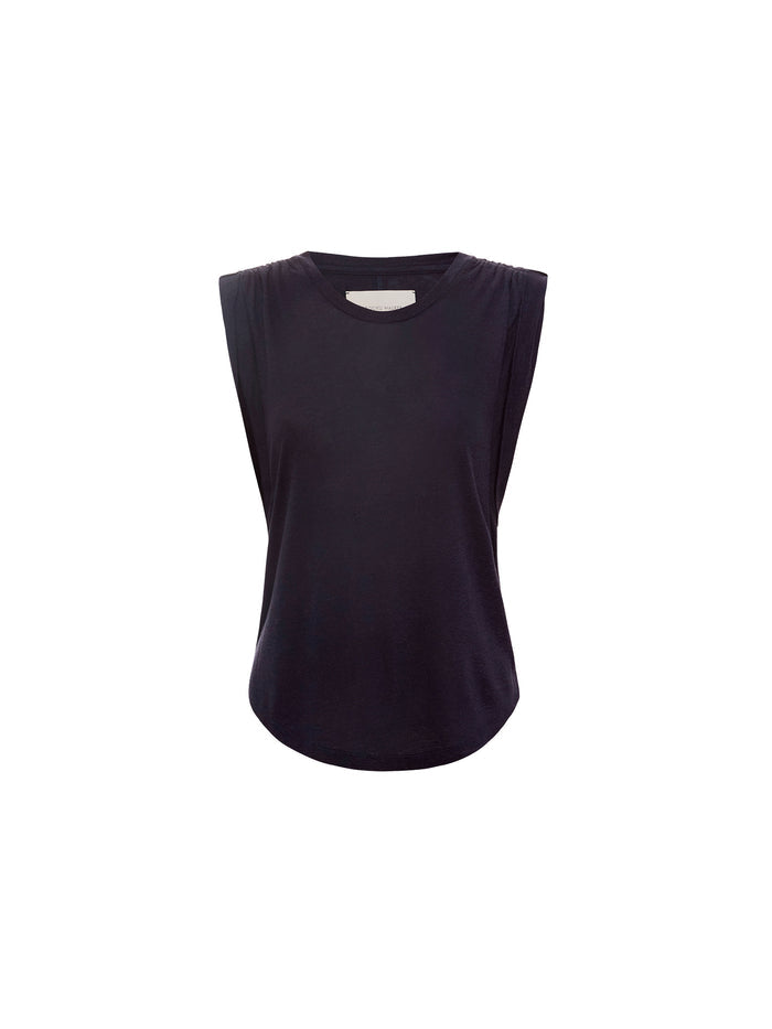 Navy sleeveless muscle tee on a white background
