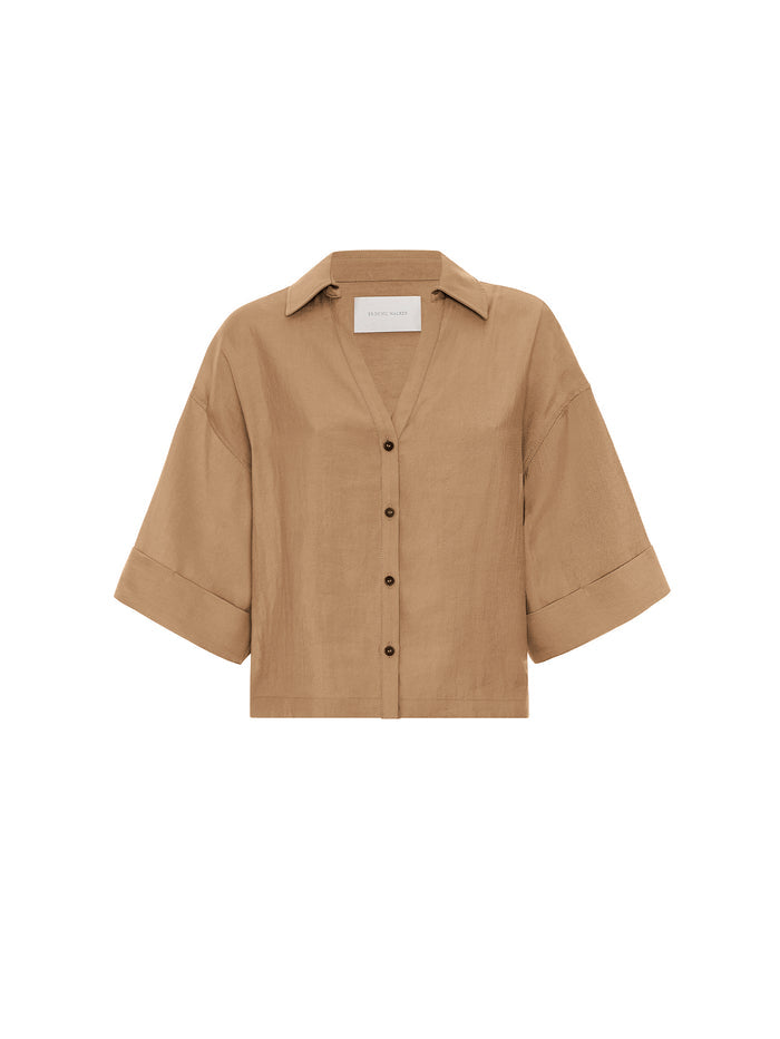 Camel oversized button-up shirt with a collar and dropped shoulders, shown on a white background