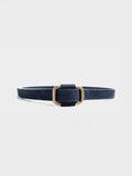 Navy suede belt with a gold-tone metal buckle, shown against a light gray background.
