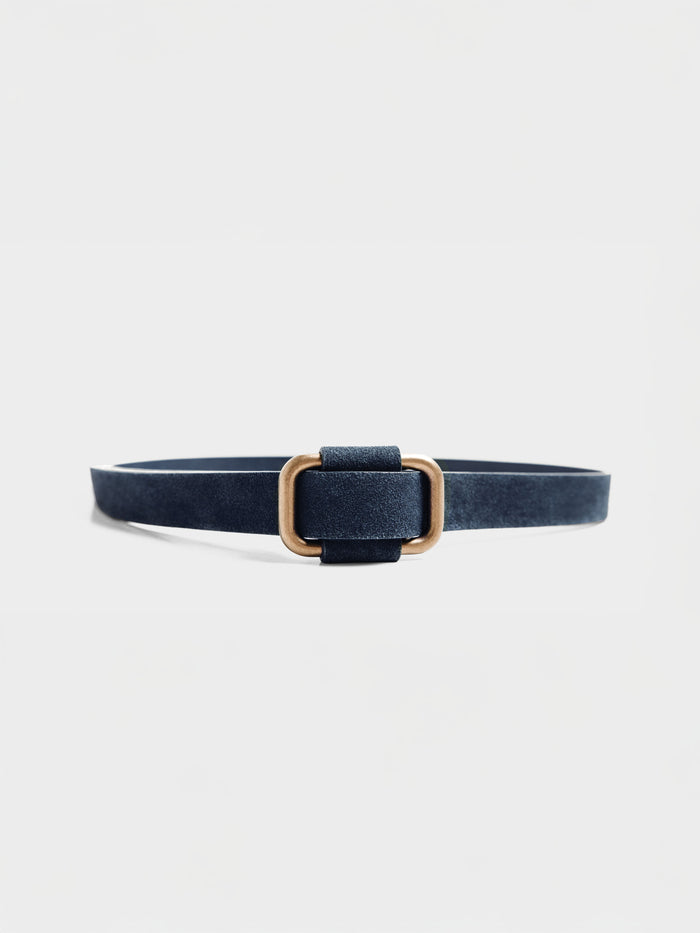 Navy suede belt with a gold-tone metal buckle, shown against a light gray background.
