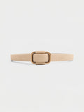 Tan suede belt with a square gold buckle, laid flat on a plain background