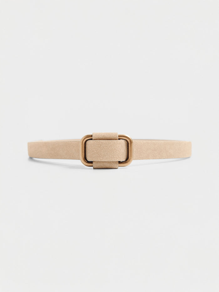Tan suede belt with a square gold buckle, laid flat on a plain background