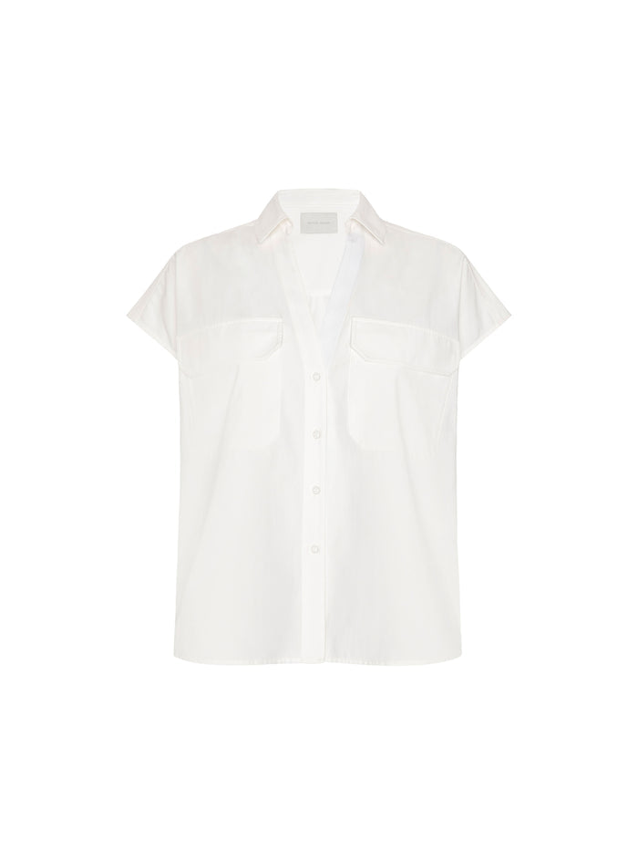 White short-sleeve button-front shirt with chest pockets on a plain background