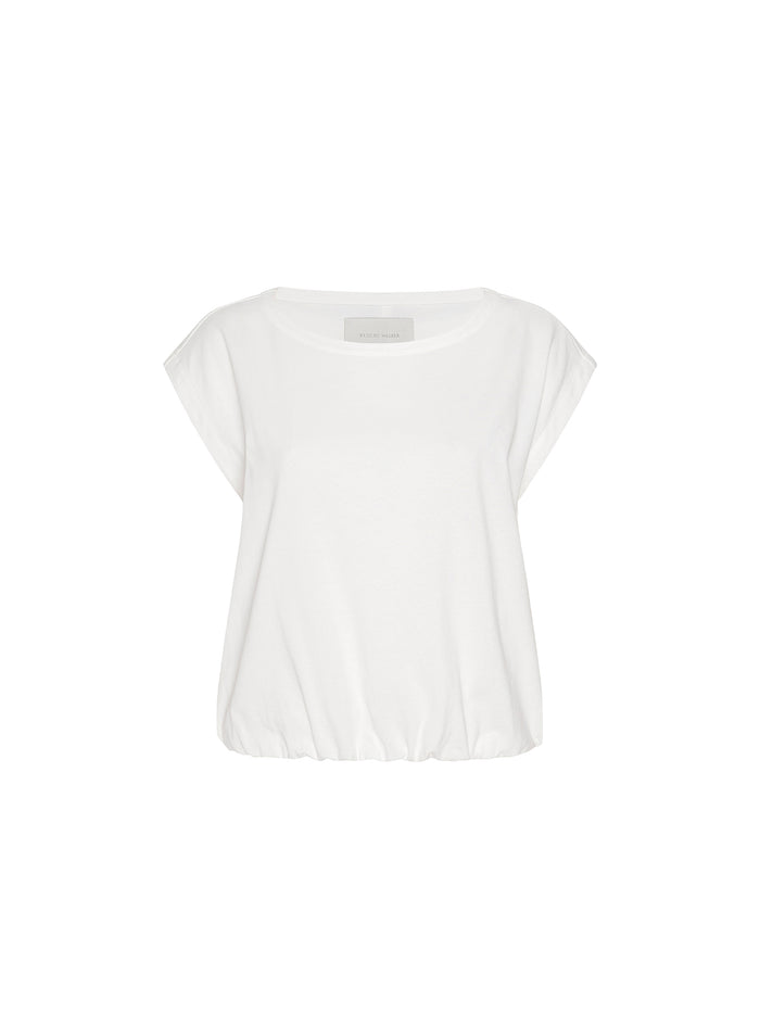 Ivory Yara Top, a women's short sleeve shirt with a scoop neck and elasticized bubble hem, on a white background.