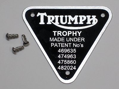 Triumph patent plate Trophy UK Made with rivets timing cover badge alloy