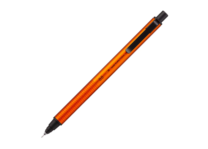 Angled studio profile of the Uni Kuru Toga Metal mechanical pencil in the exclusive Limited Edition Sunrise Orange, showcasing its sleek aluminum chassis, 0.5mm core indicator, and low-profile black accents against a crisp white background.